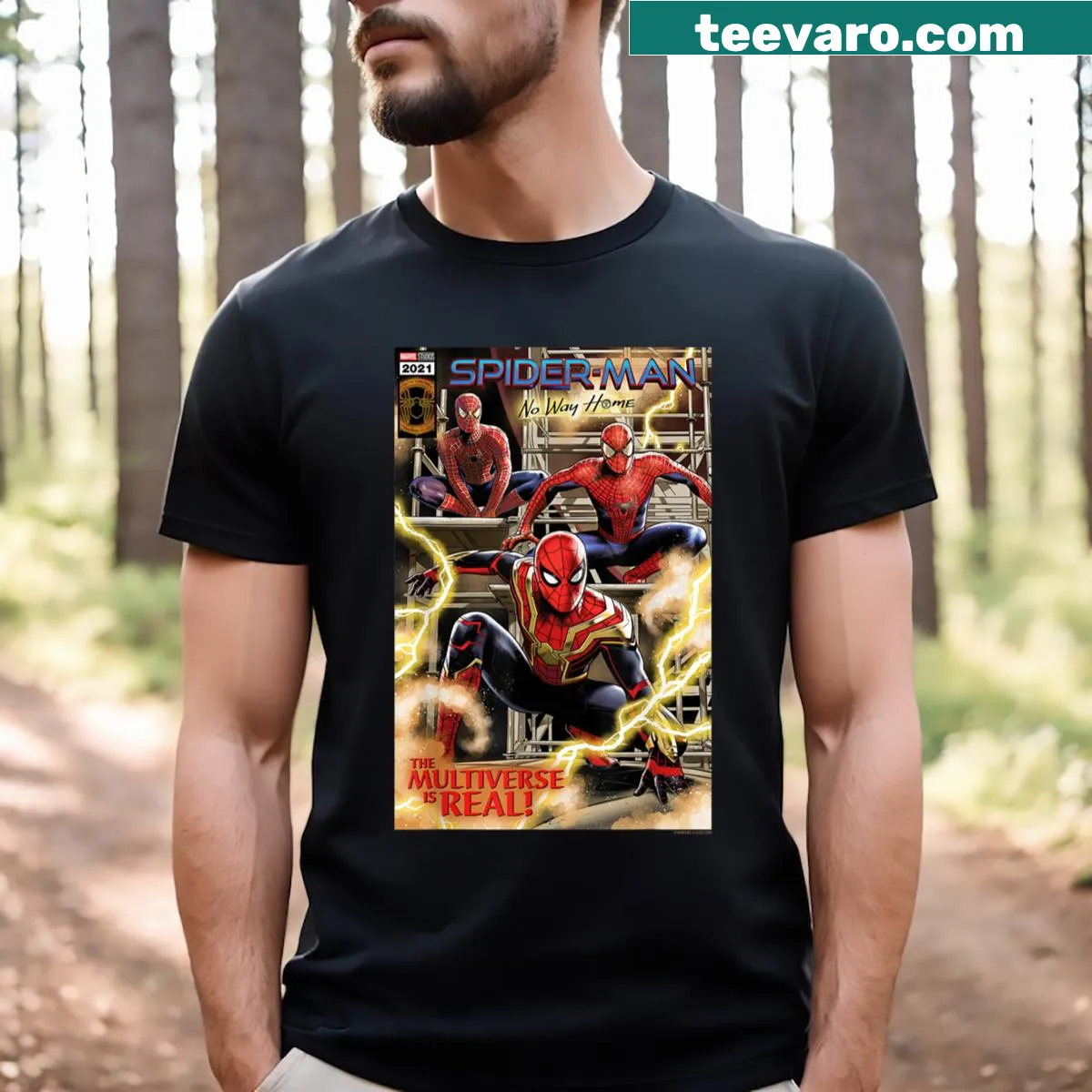 T-shirt featuring multiverse-themed comic design — on a men's t-shirt