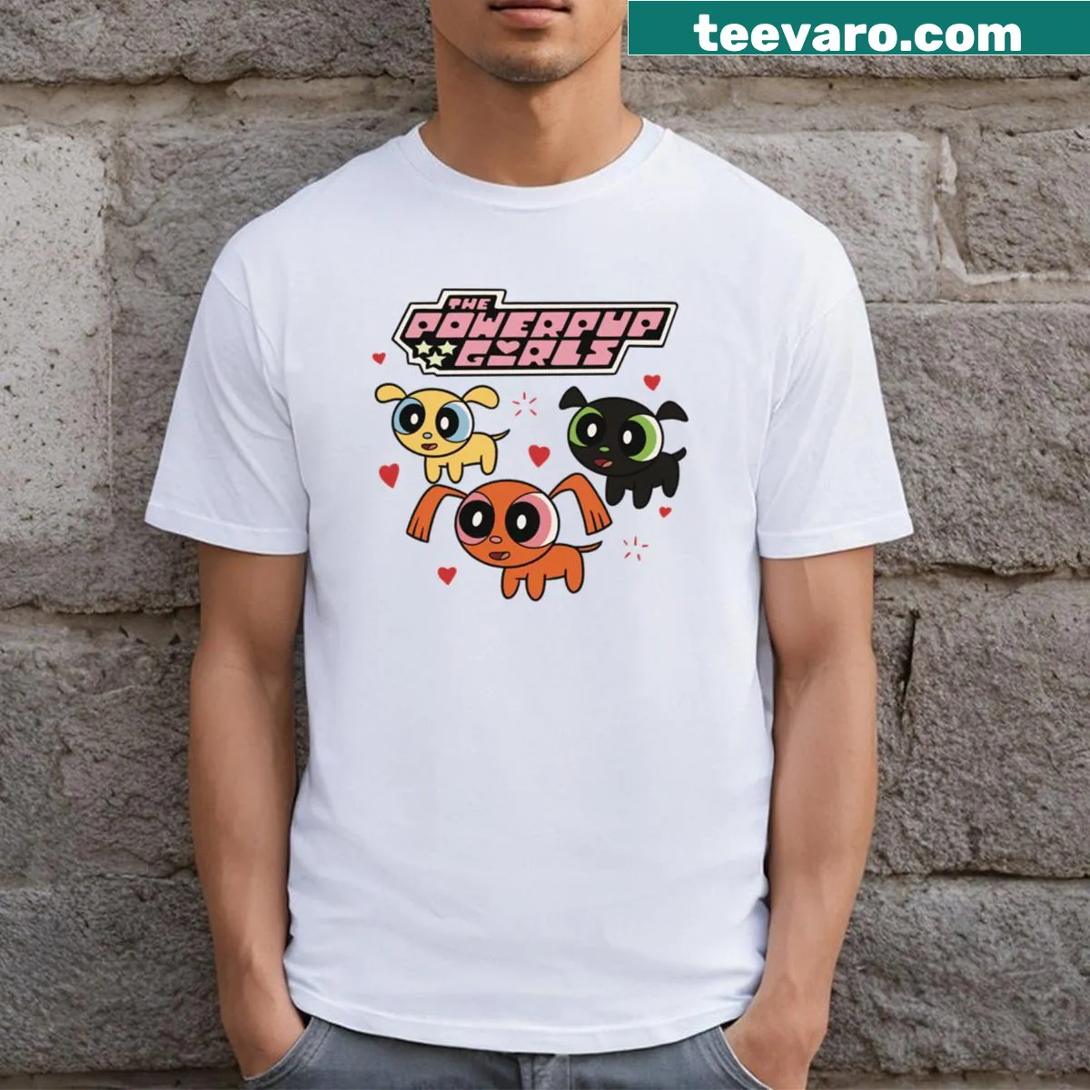 Cartoon T-shirt featuring The Powerpup Girls graphics — on a men's t-shirt