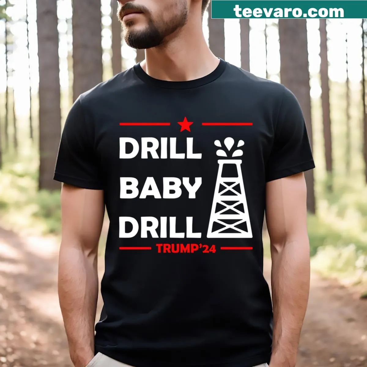 Illustrative t-shirt featuring an oil rig and Trump 2024 theme — on a men's t-shirt