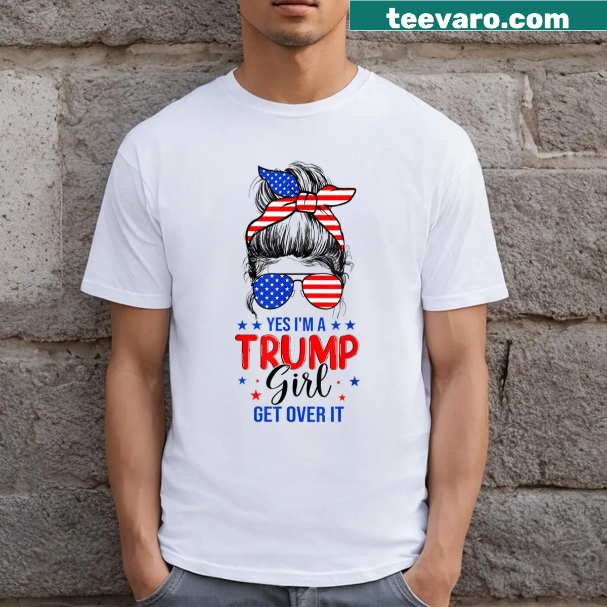 Trump girl Christmas T-shirt with messy bun graphic and humorous text — on a men's t-shirt