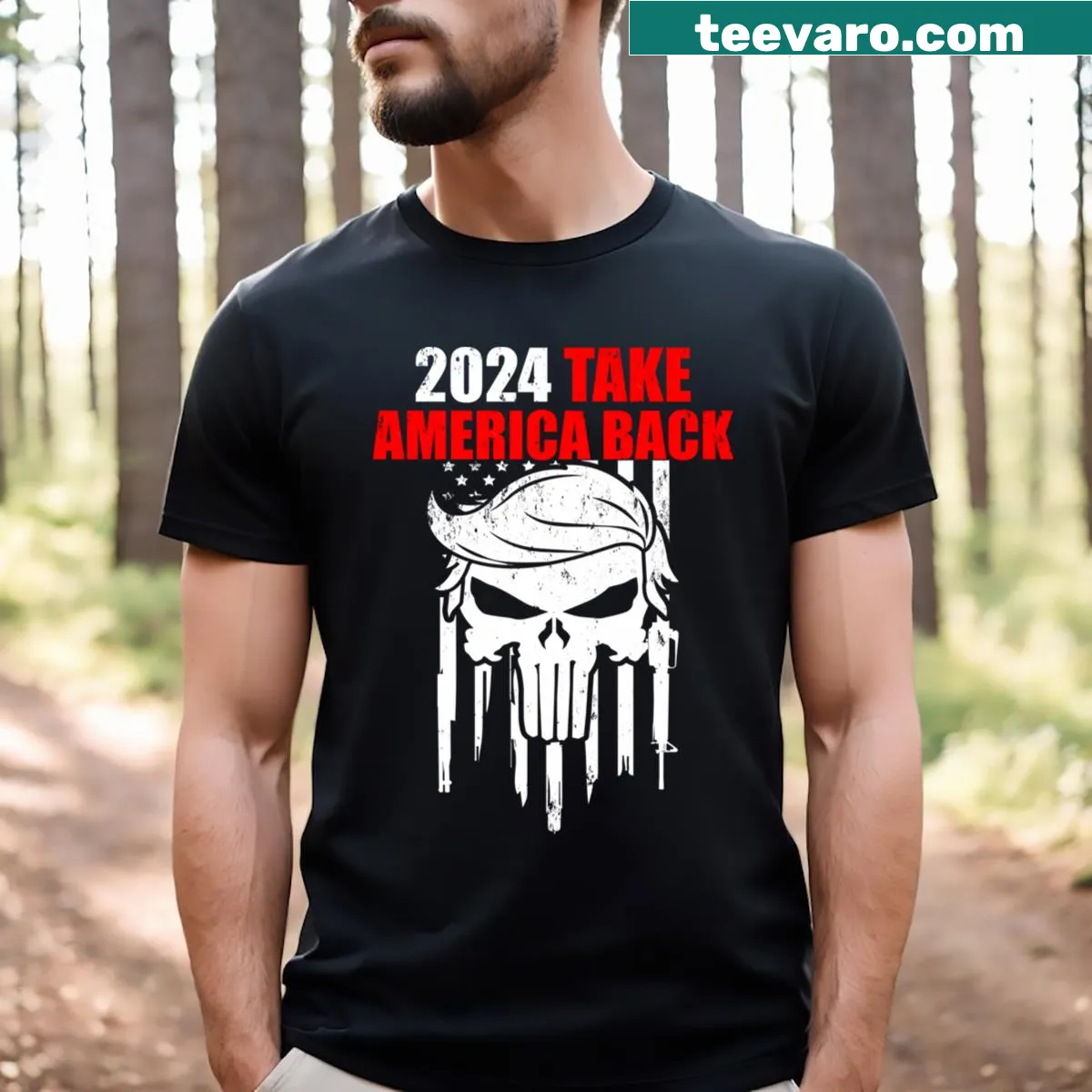 Trump 2024 Take America Back slogan graphic on a t-shirt — on a men's t-shirt