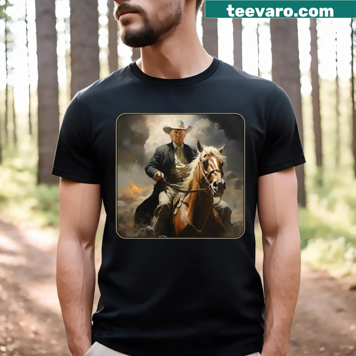 Western-themed Trump 2024 shirt featuring a cowboy on a horse — on a men's t-shirt