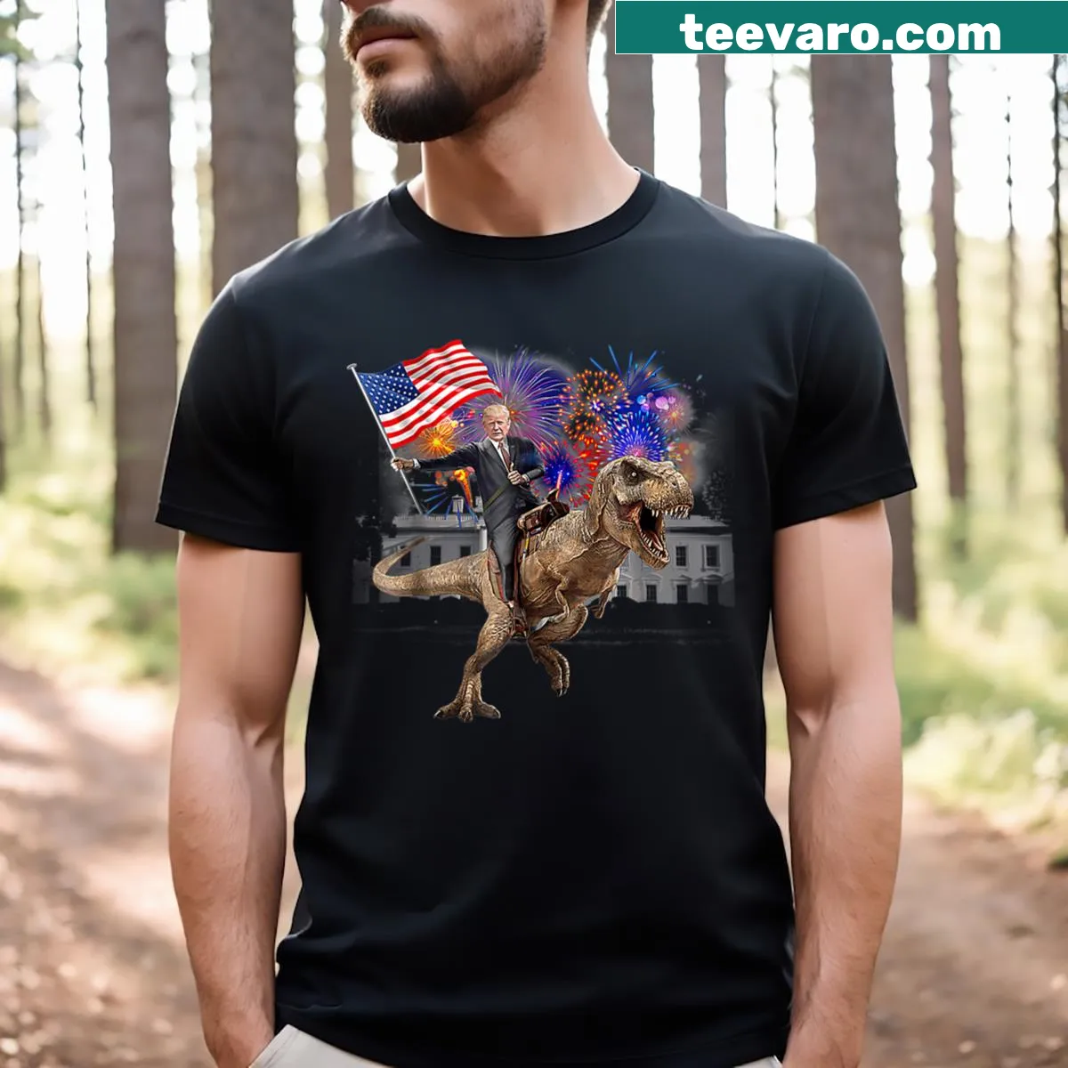Trump riding a T-Rex dinosaur graphic on a T-shirt — on a men's t-shirt