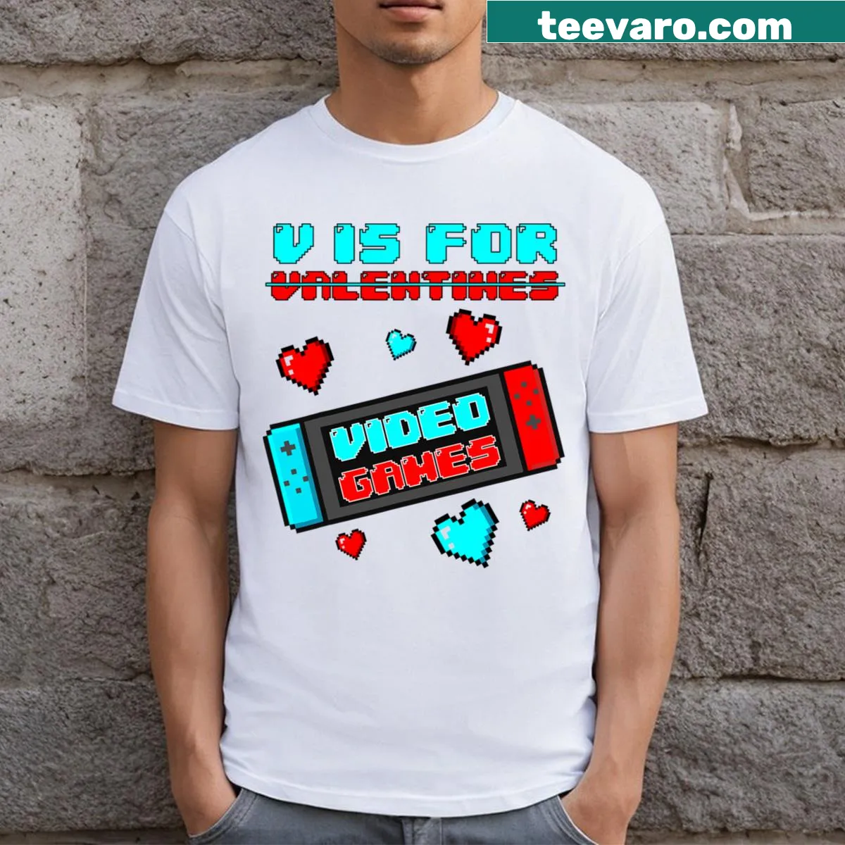 Funny Valentine's Day T-shirt with a large 'V' for Video Games — on a men's t-shirt