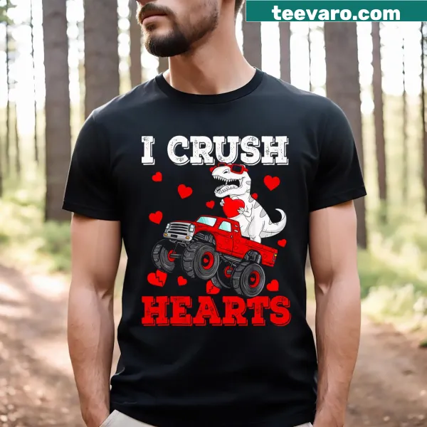 Illustrated T-shirt showing a T-Rex monster truck crushing hearts