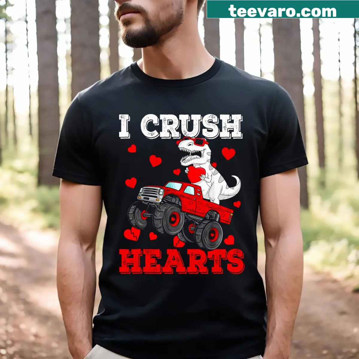 Illustrated T-shirt showing a T-Rex monster truck crushing hearts — on a men's t-shirt