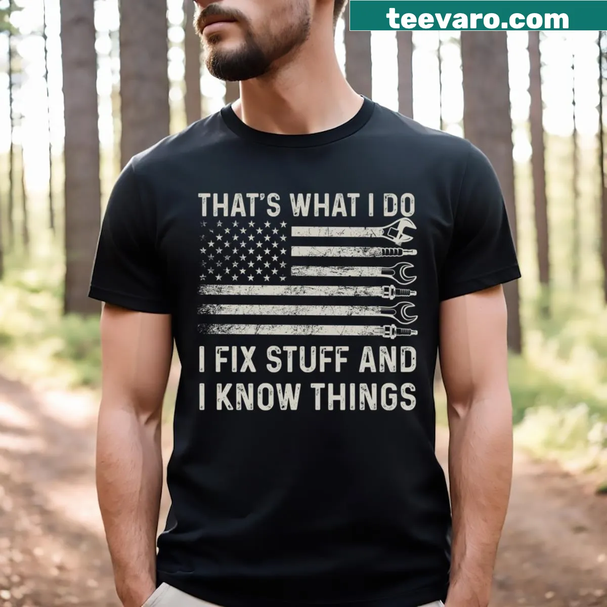 USA flag graphic with text about fixing things — on a men's t-shirt