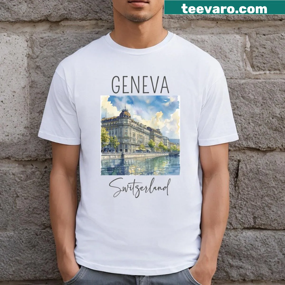 Watercolor graphic of Geneva, Switzerland on a T-shirt — on a men's t-shirt