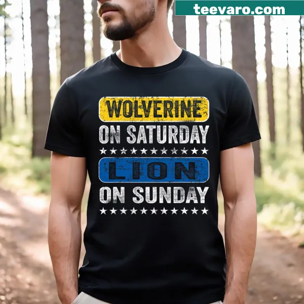 Humorous graphic t-shirt featuring Wolverine and Lion design