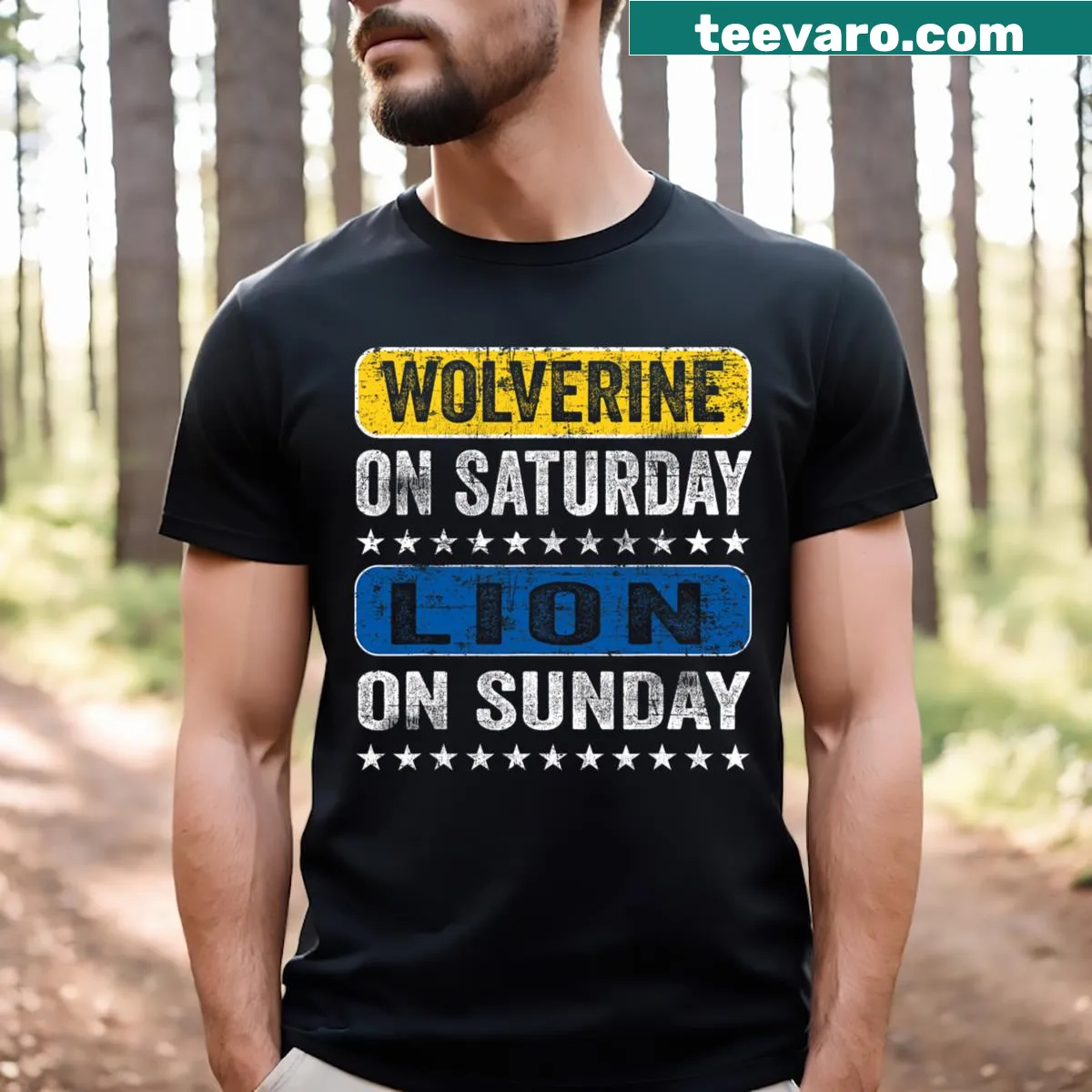 Humorous graphic t-shirt featuring Wolverine and Lion design — on a men's t-shirt
