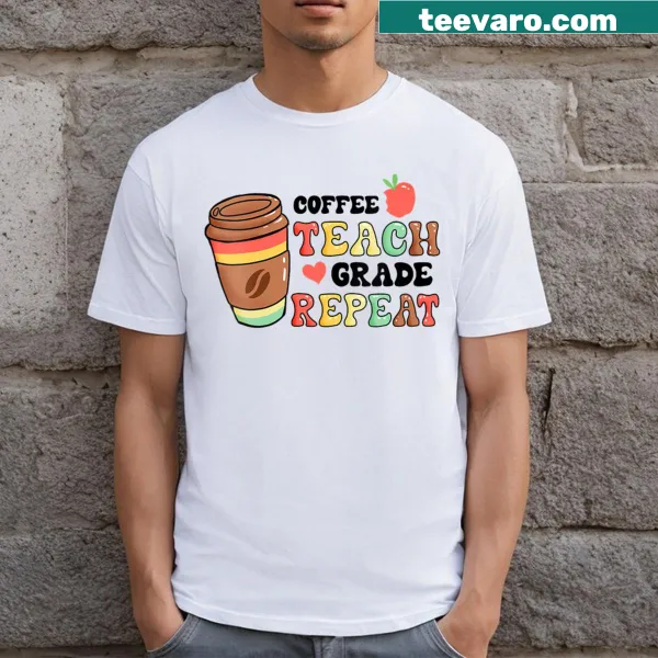 Teacher-themed v-neck t-shirt with coffee and teaching phrases