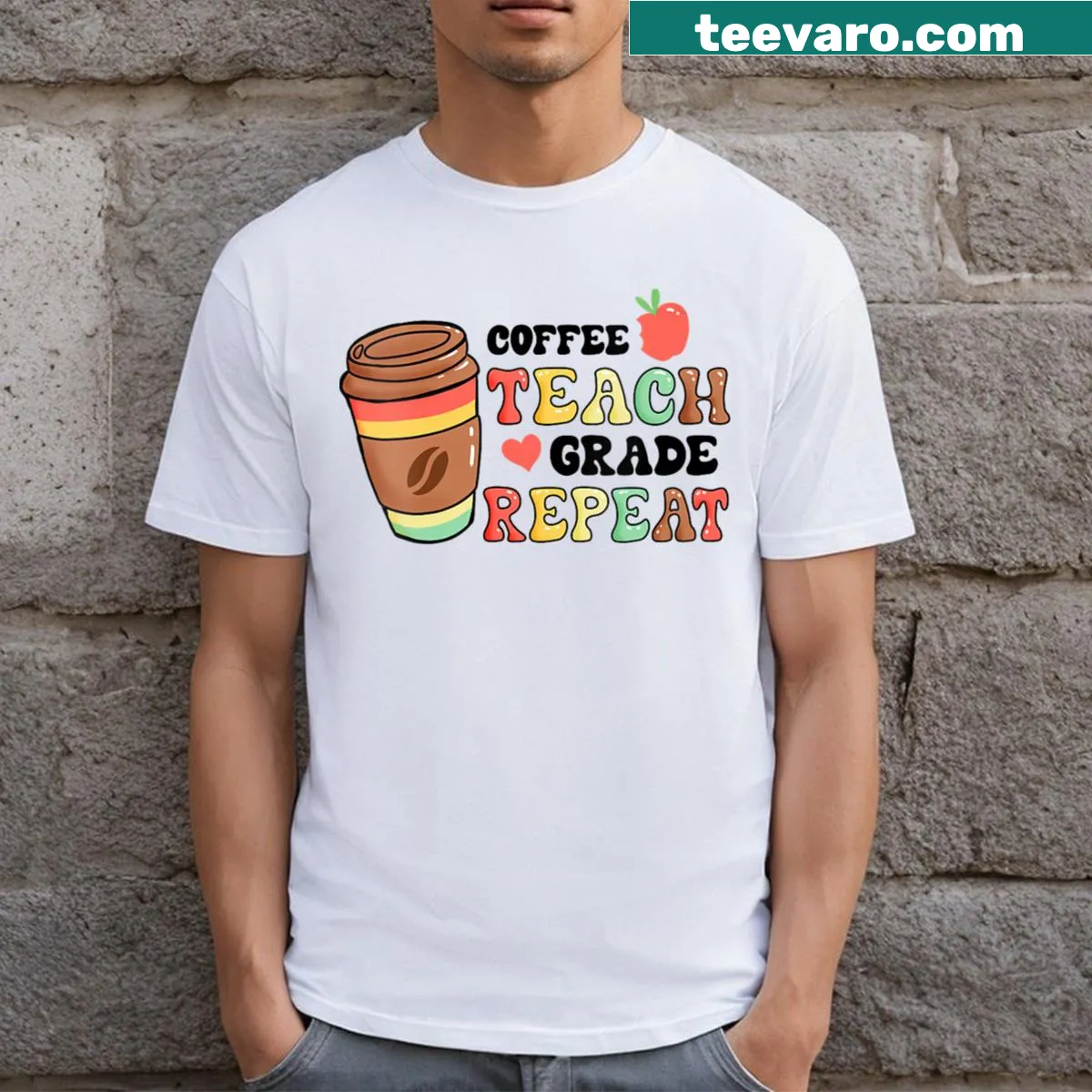 Teacher-themed v-neck t-shirt with coffee and teaching phrases — on a men's t-shirt