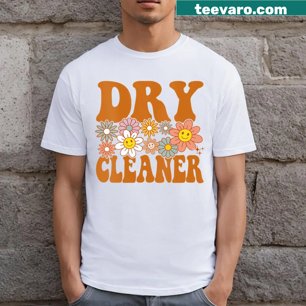 V-neck t-shirt featuring a laundry service job title graphic — on a men's t-shirt