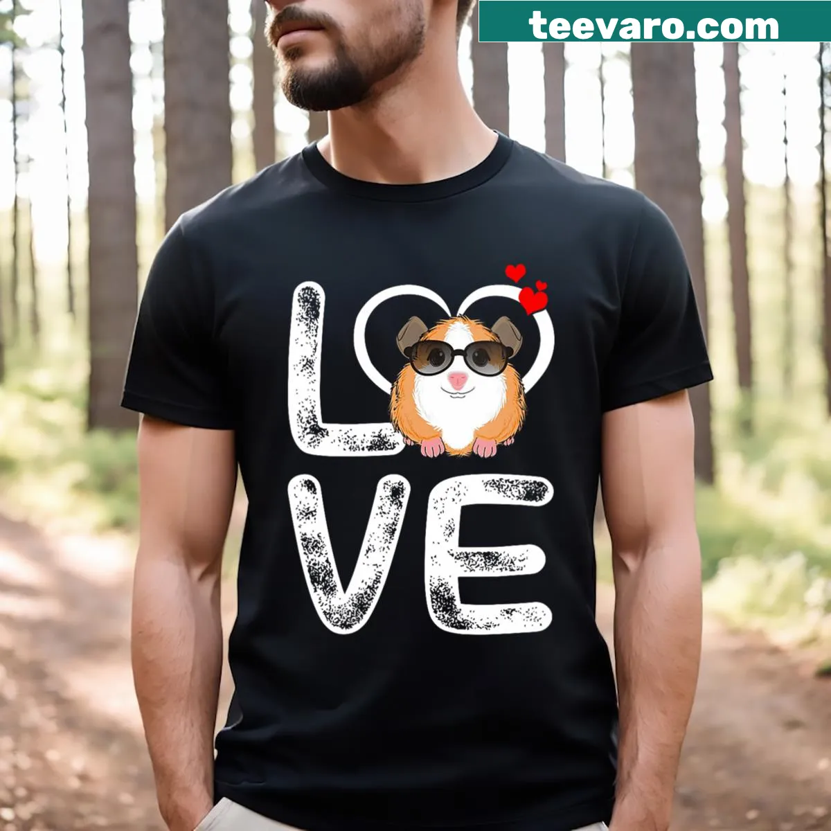 V-neck t-shirt with cute guinea pig illustrations and love message — on a men's t-shirt
