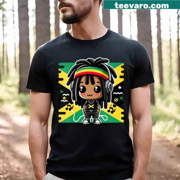 V-neck t-shirt with 'Yeah Mon' text and reggae theme