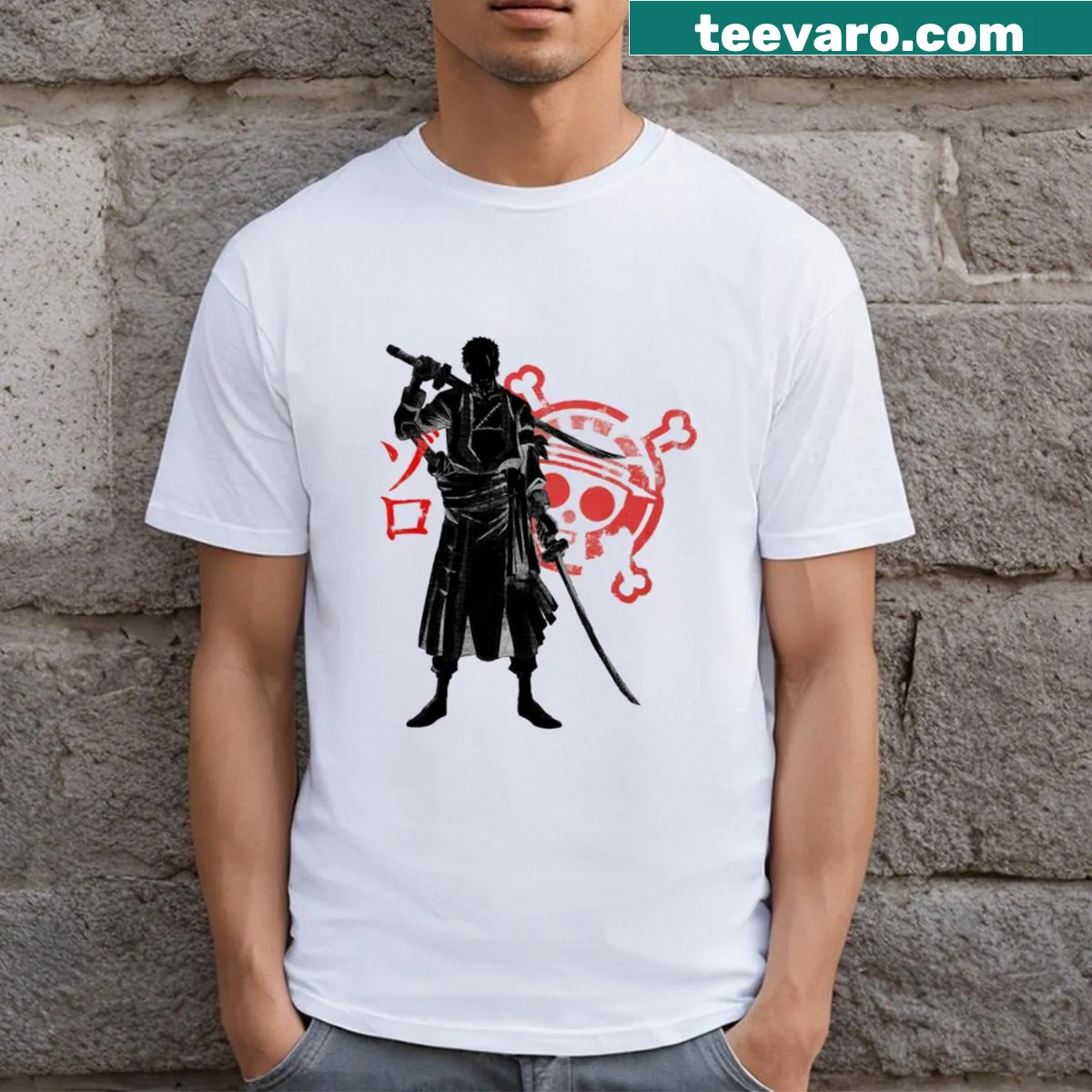Graphic of Zoro from One Piece in action on a t-shirt — on a men's t-shirt