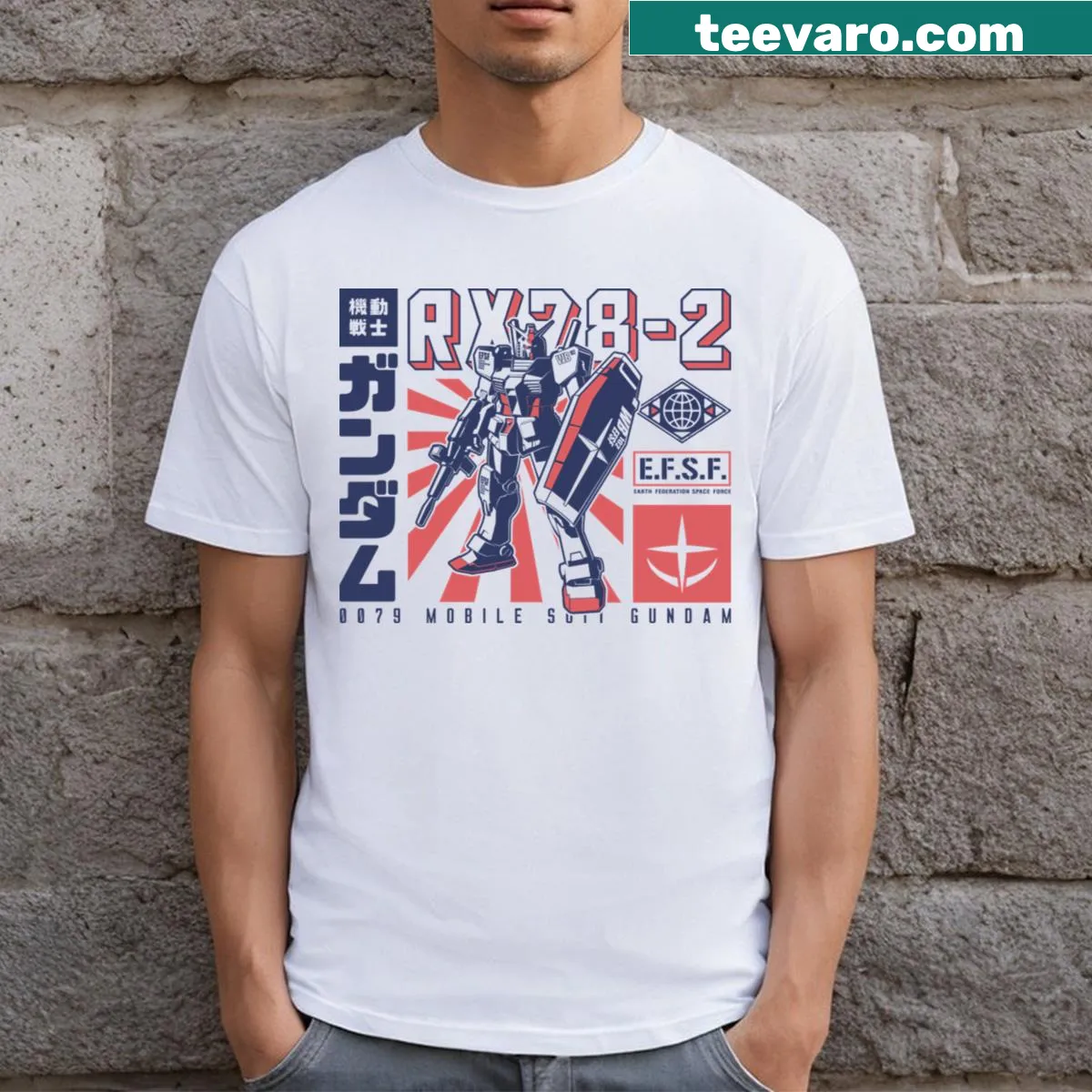 Gundam EFSF T-shirt featuring a bold emblem design — on a men's t-shirt