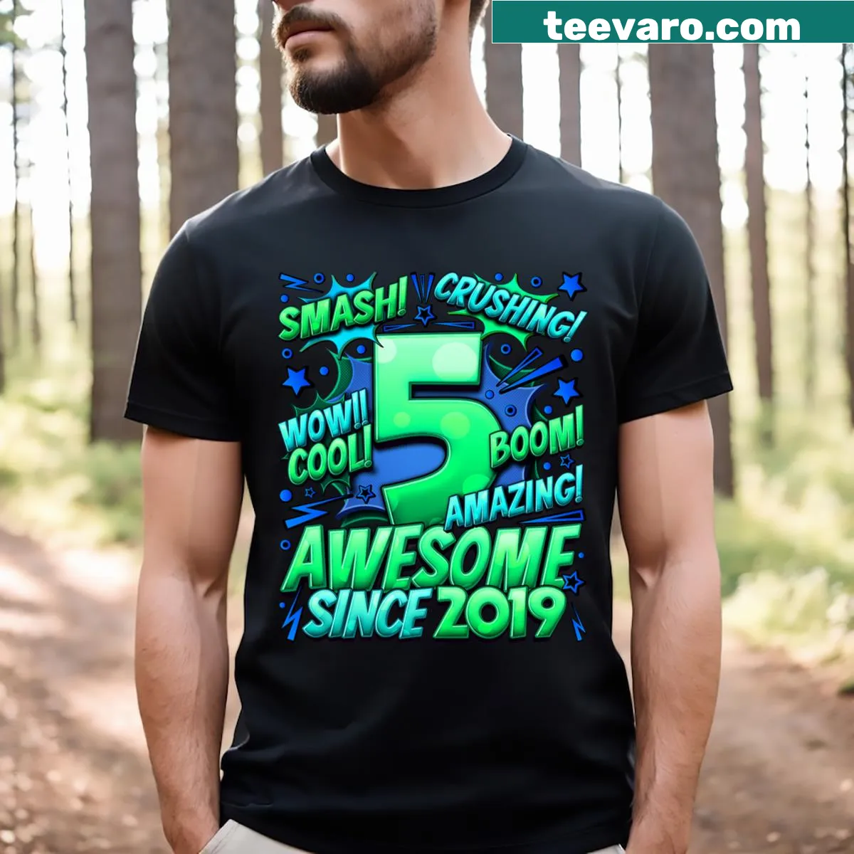 Birthday T-shirt for 5-year-old featuring comic-style text — on a men's t-shirt