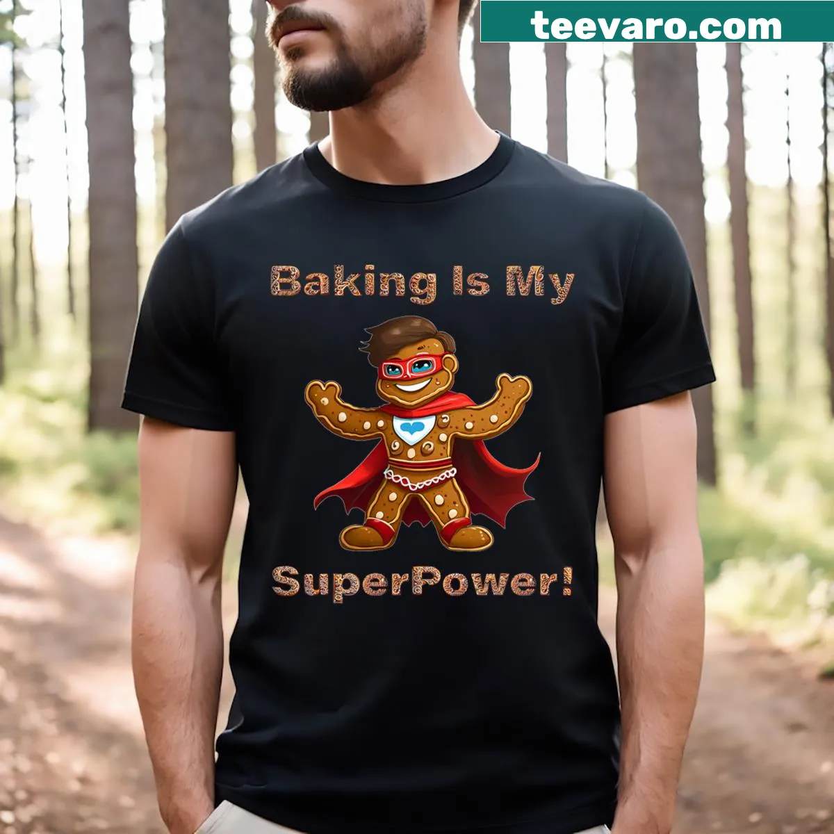 Gingerbread Man t-shirt with baking superhero graphic — on a men's t-shirt