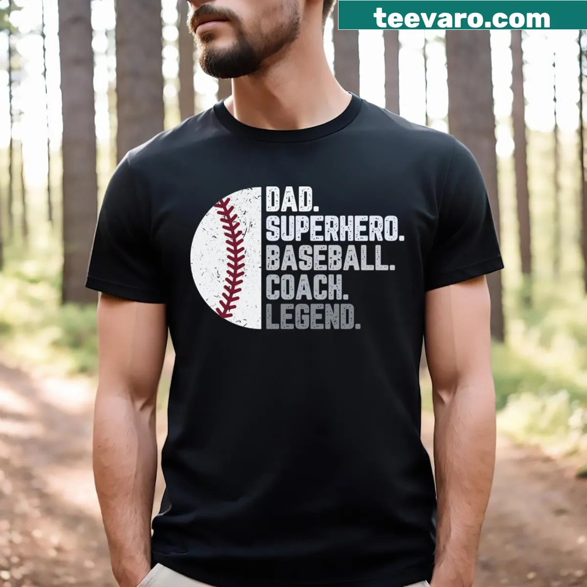 Baseball Coach Dad t-shirt with superhero design and text — on a men's t-shirt
