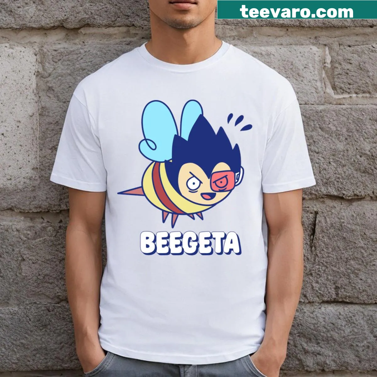 Funny t-shirt featuring a dog in bee costume — on a men's t-shirt