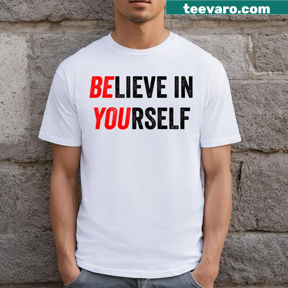 Typography T-shirt with the motivational quote 'Believe In Yourself' — on a men's t-shirt