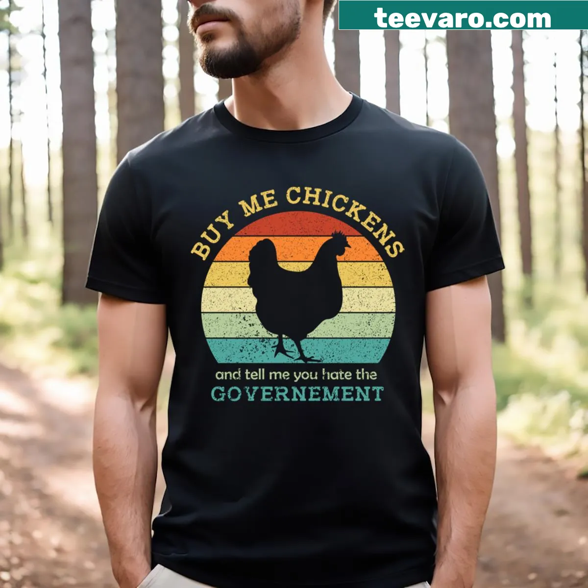Retro-style humorous t-shirt with chickens and political statement — on a men's t-shirt