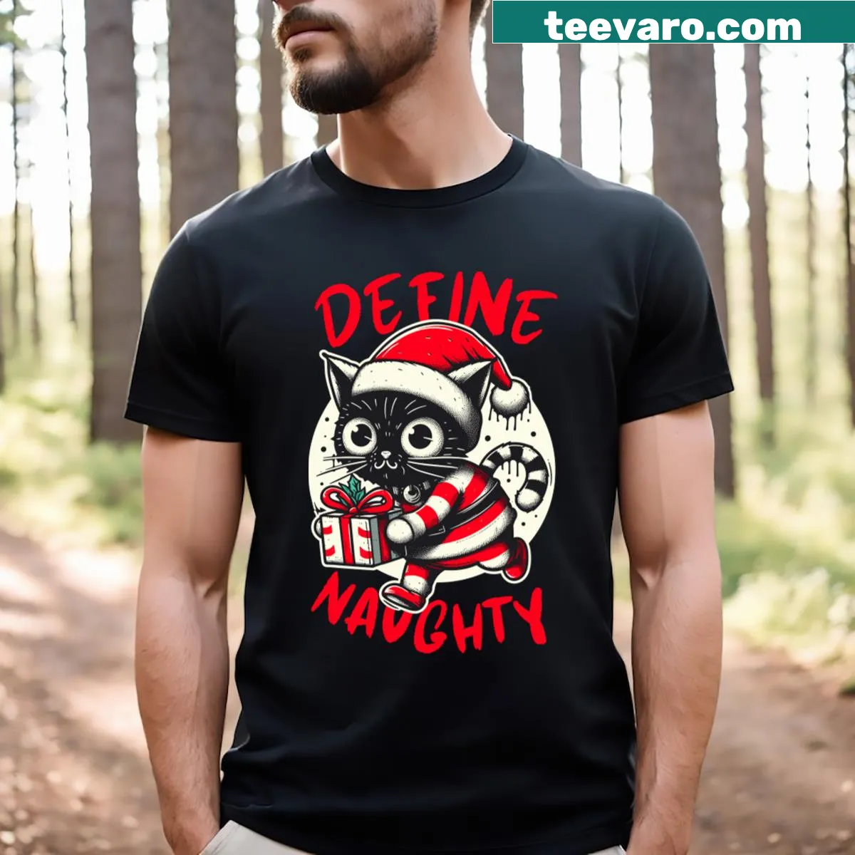 Funny cat-themed Christmas t-shirt with humorous text — on a men's t-shirt