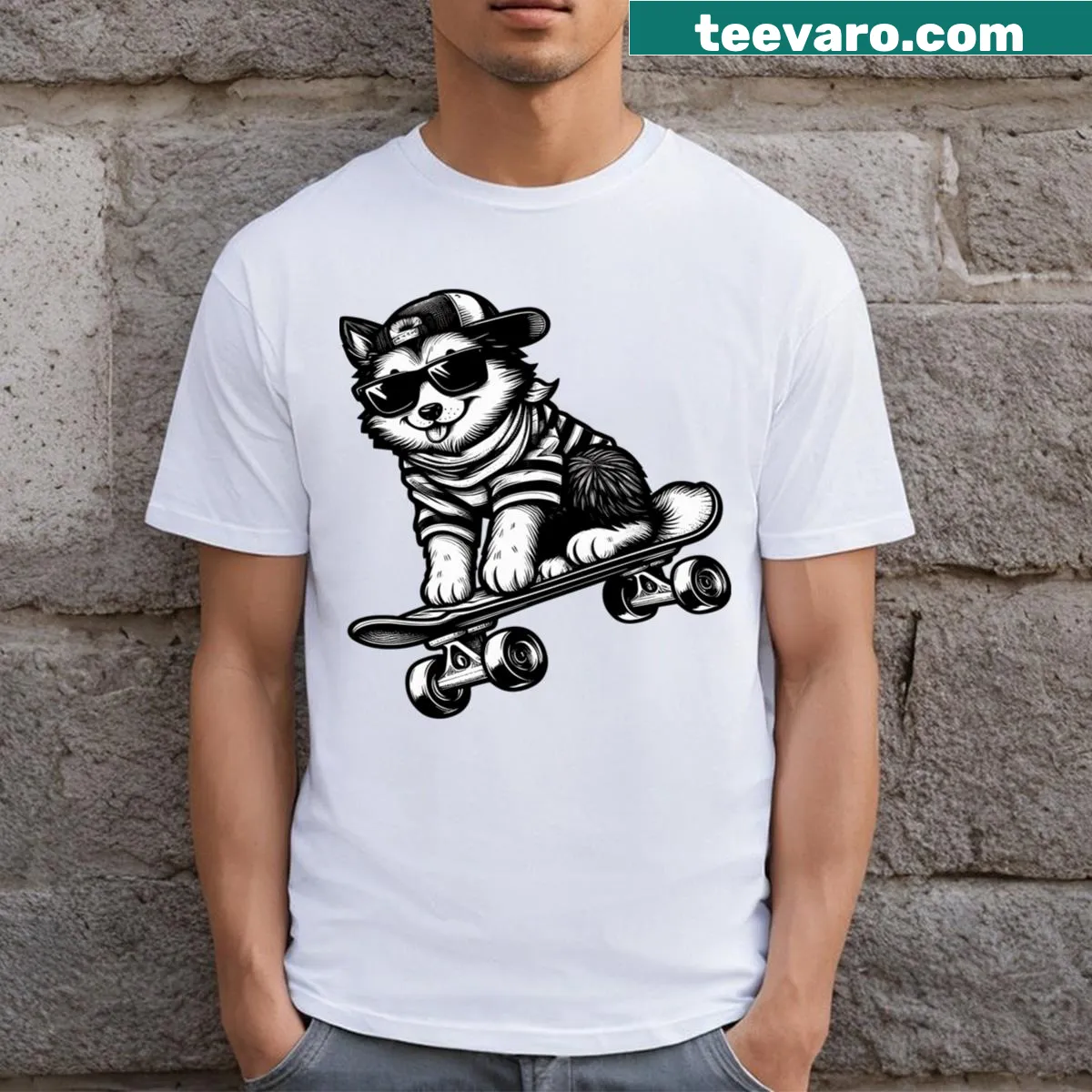Cartoon dog riding a skateboard on a T-shirt — on a men's t-shirt