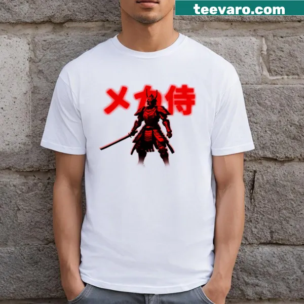 Futuristic T-shirt featuring cyber samurai in neon colors and Japanese-inspired design