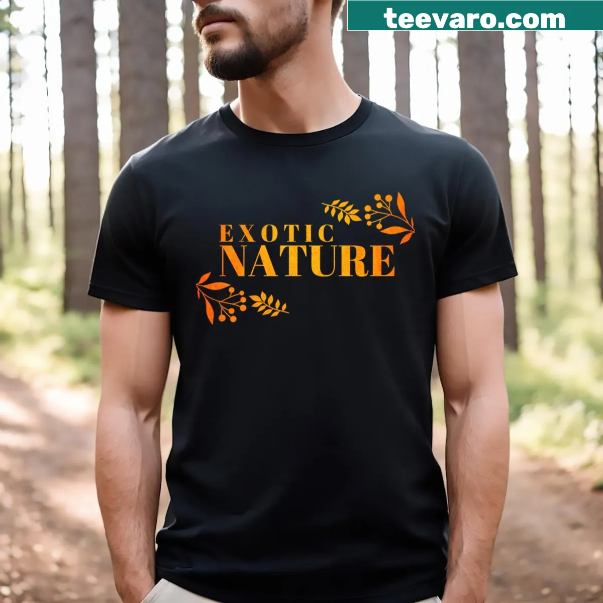 Watercolor floral t-shirt featuring exotic flowers in orange and yellow — on a men's t-shirt
