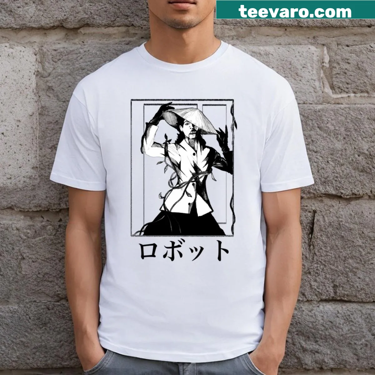 Illustration of a girl with a flower vine design on a T-shirt — on a men's t-shirt