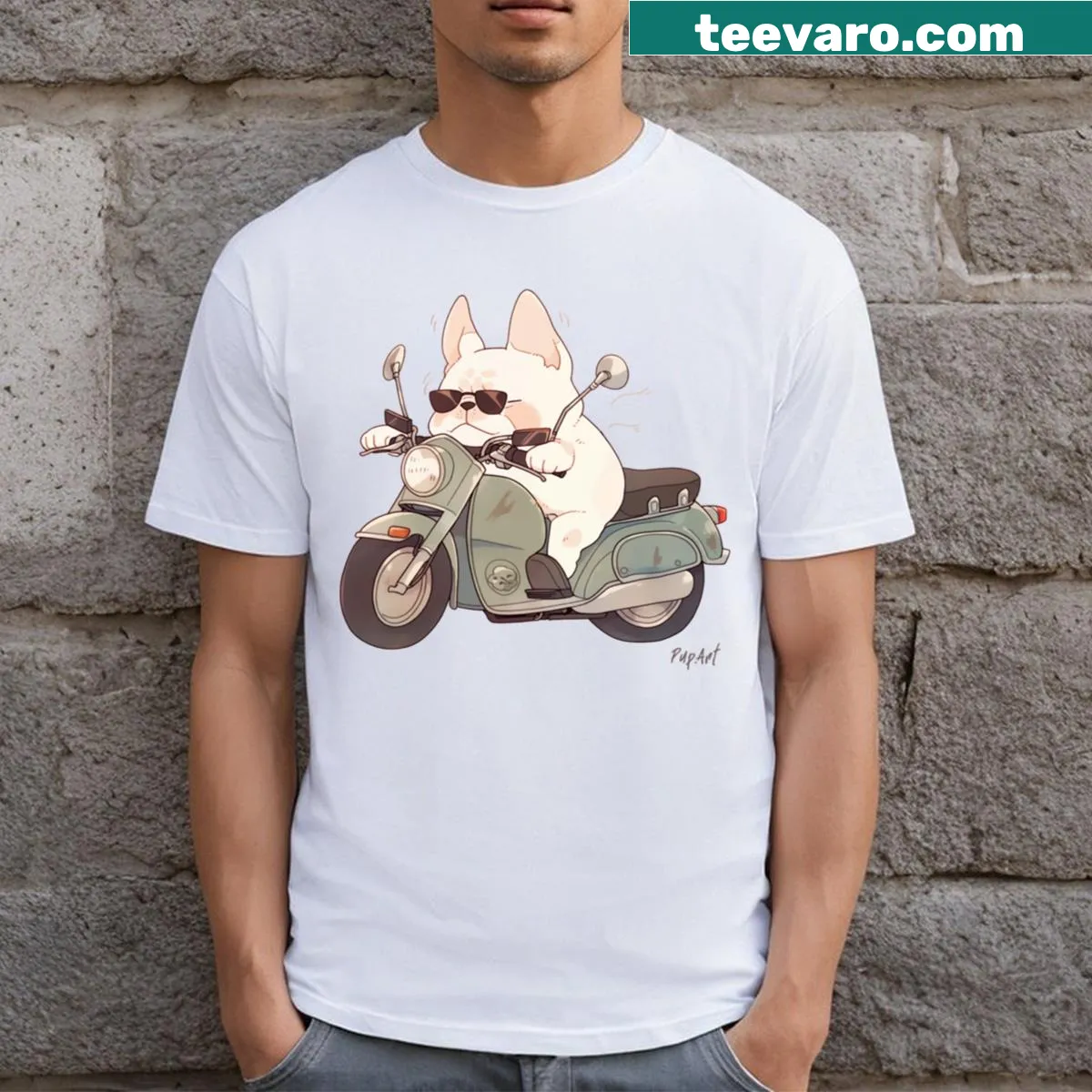 Illustration of a French Bulldog in sunglasses on a motorcycle. — on a men's t-shirt