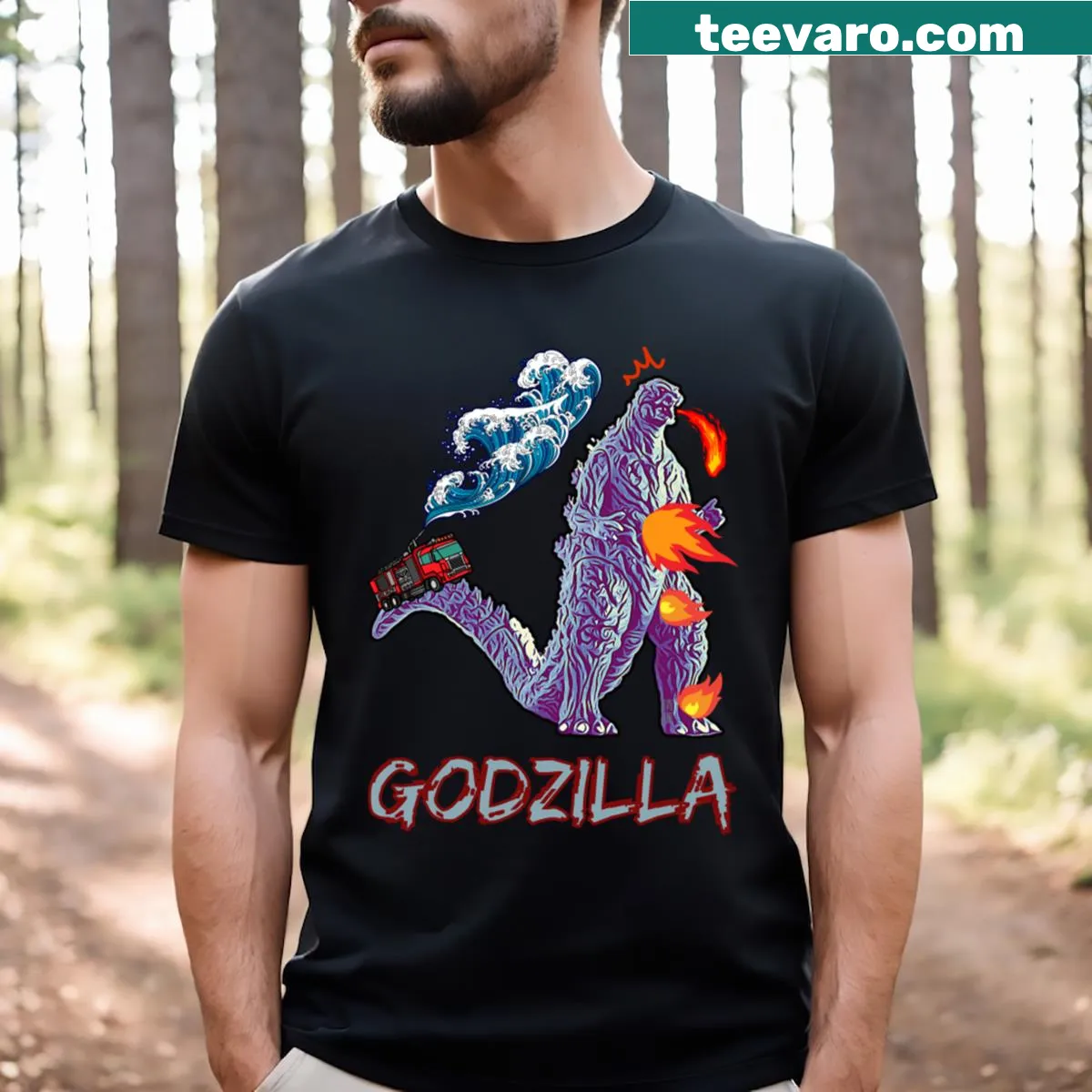 Funny Godzilla self-burn text on a t-shirt — on a men's t-shirt