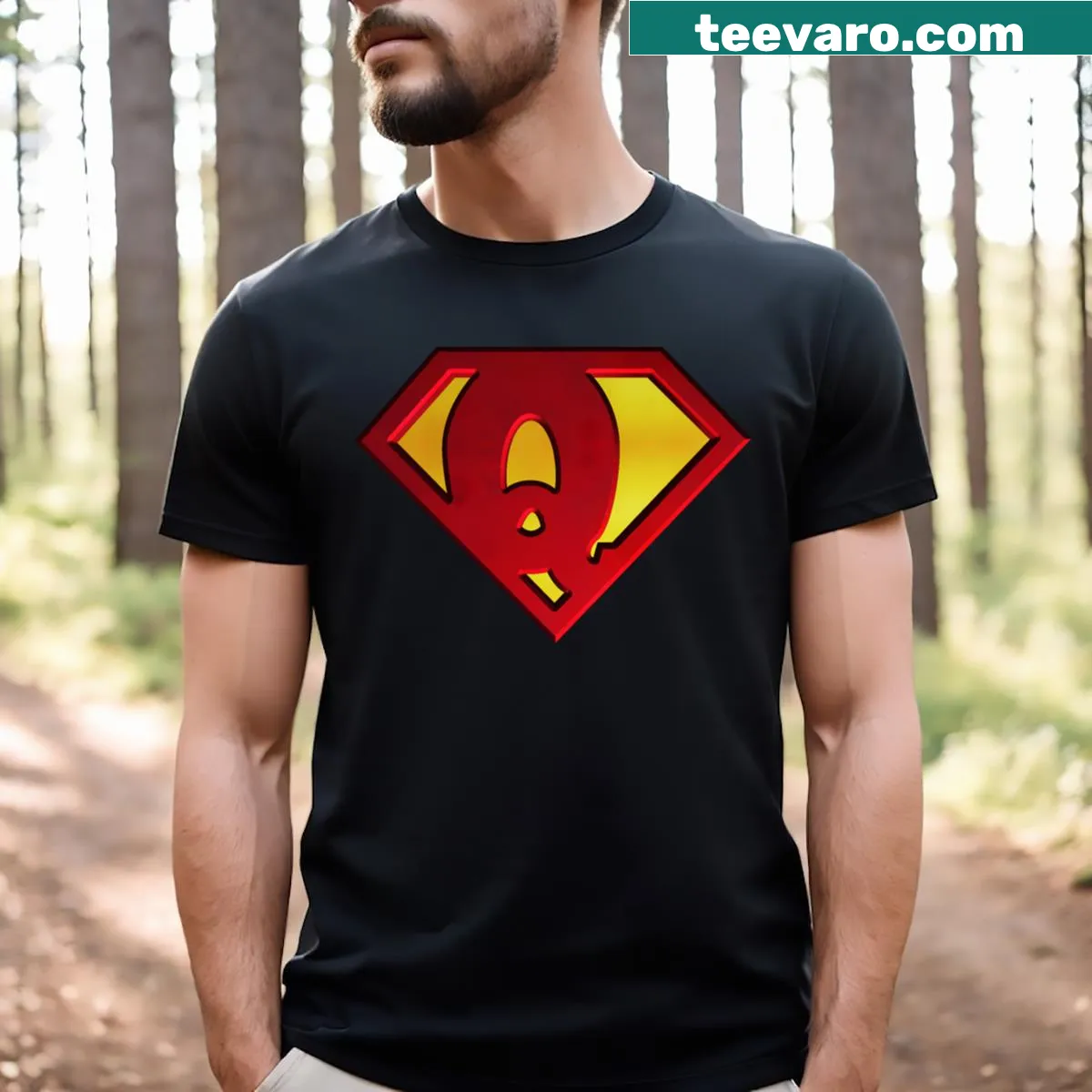 Superhero shield design with letter Q on a t-shirt — on a men's t-shirt