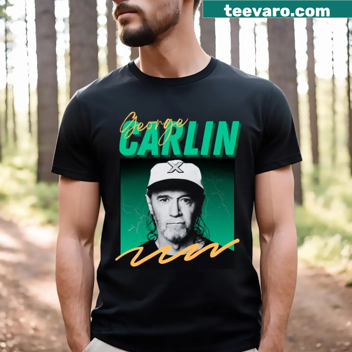 Retro George Carlin t-shirt with caricature design — on a men's t-shirt