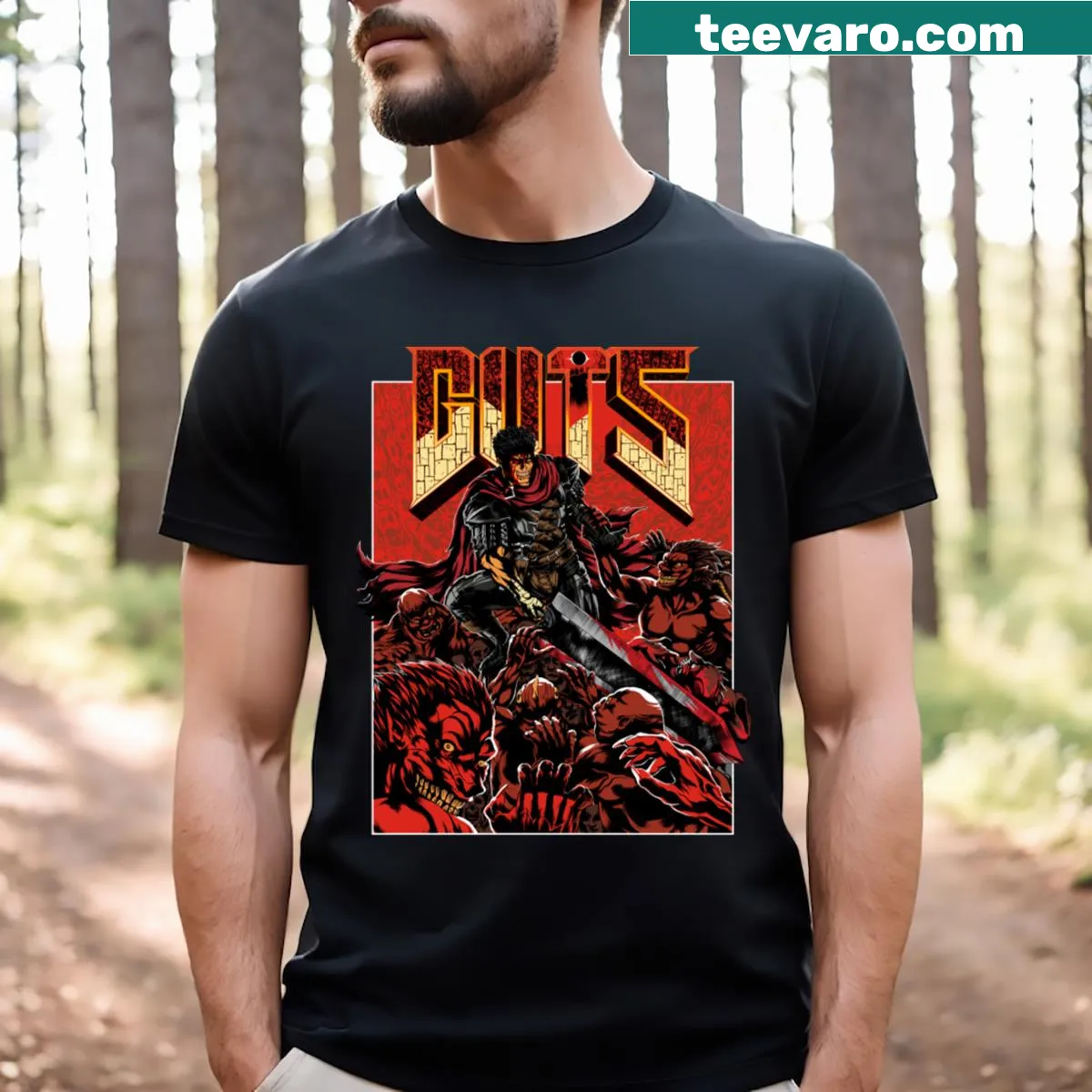 Illustration of a fierce warrior on a fantasy-themed t-shirt — on a men's t-shirt