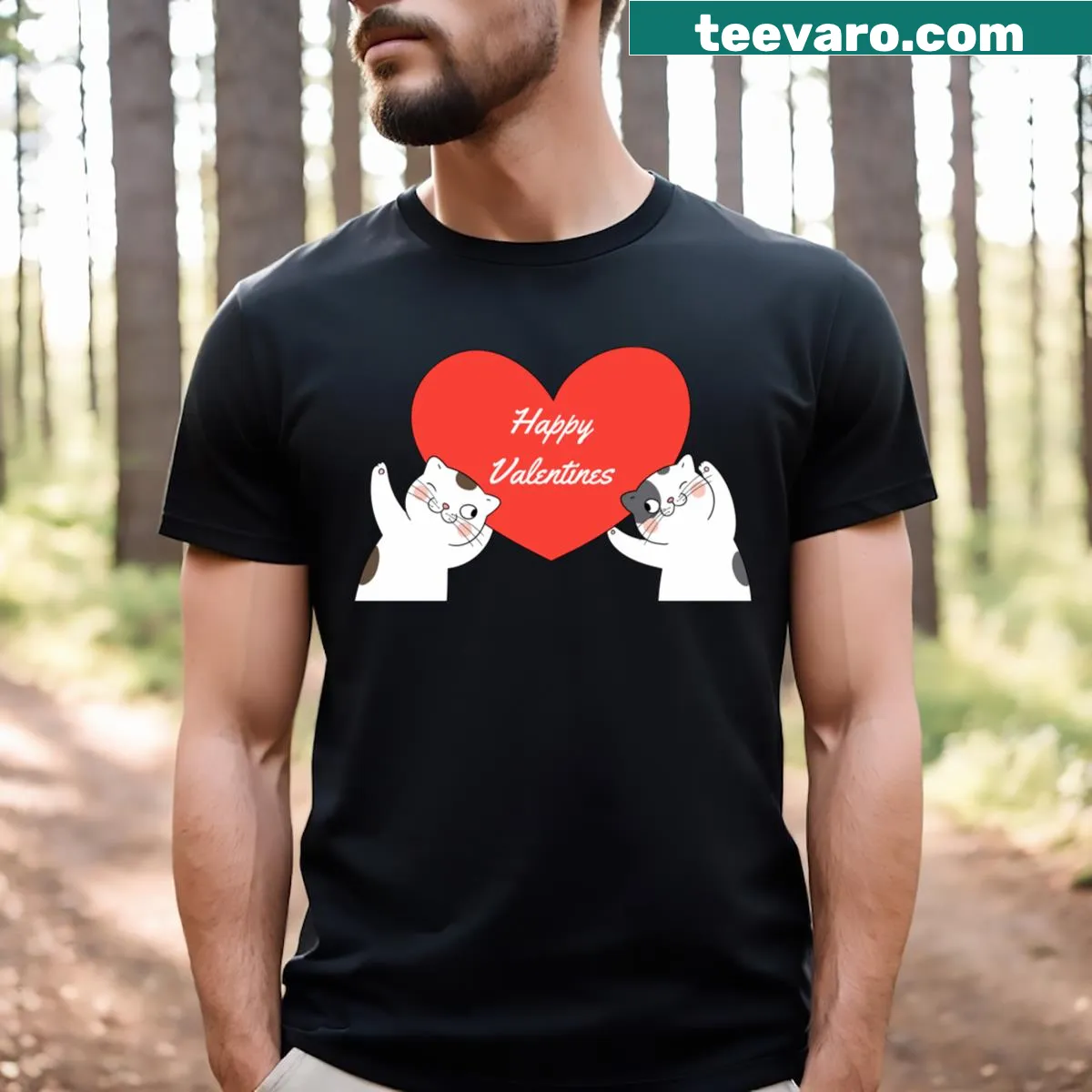 Cute Valentine's Day shirt with red heart and cat illustrations — on a men's t-shirt