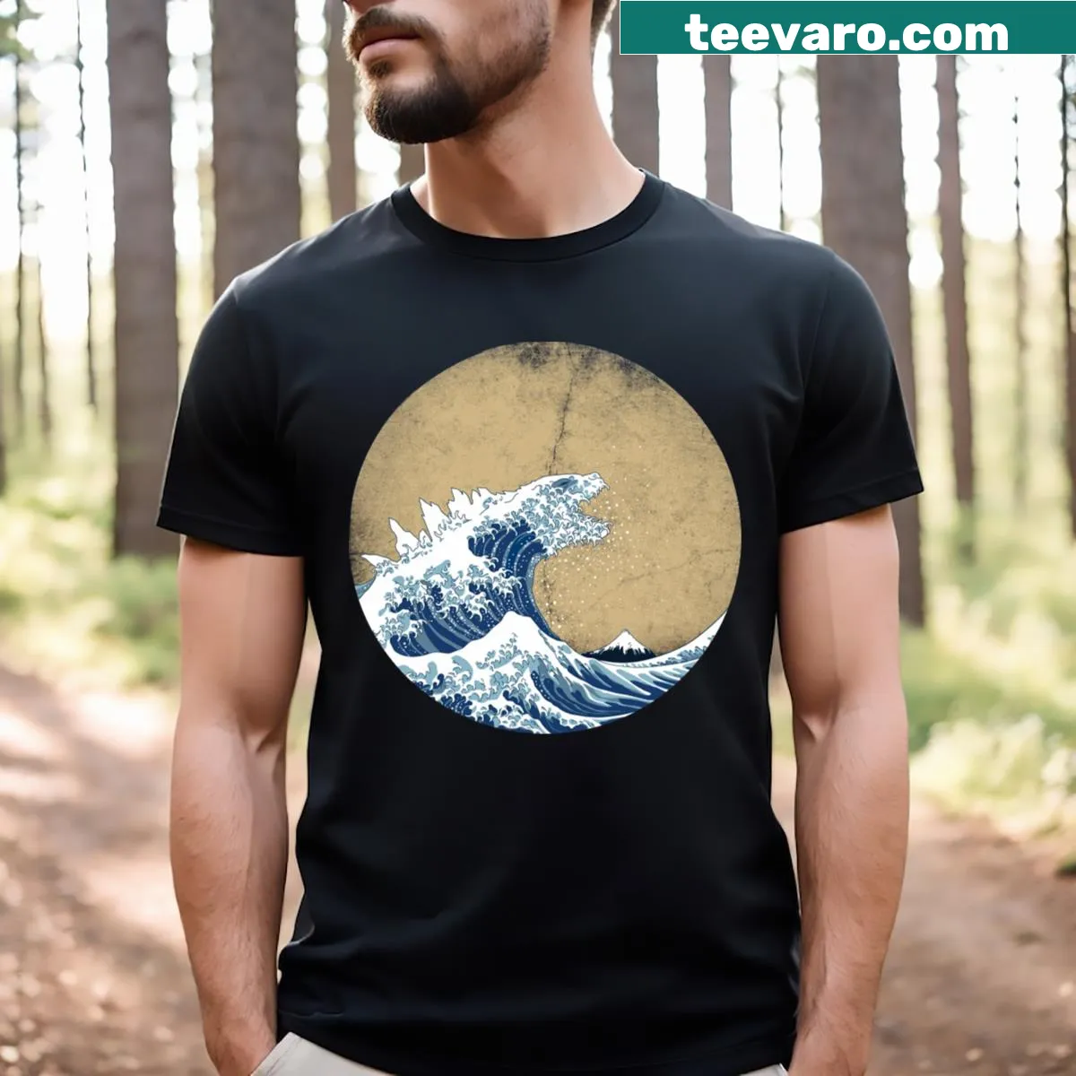 Vintage design featuring a kaiju inspired by Hokusai's art — on a men's t-shirt