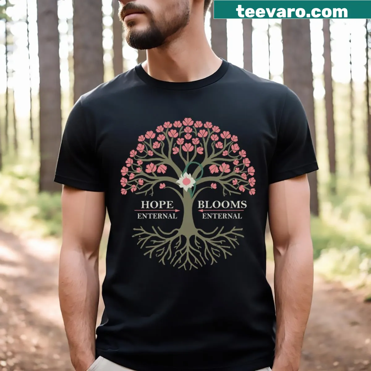 T-shirt featuring floral design and the phrase 'Hope Blooms Eternal' — on a men's t-shirt