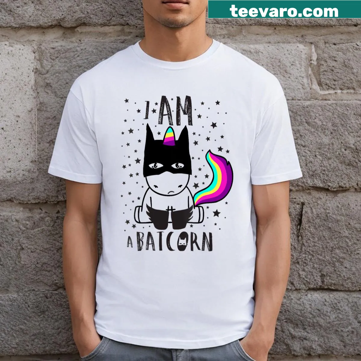 Funny t-shirt with a cartoon Batcorn superhero design — on a men's t-shirt