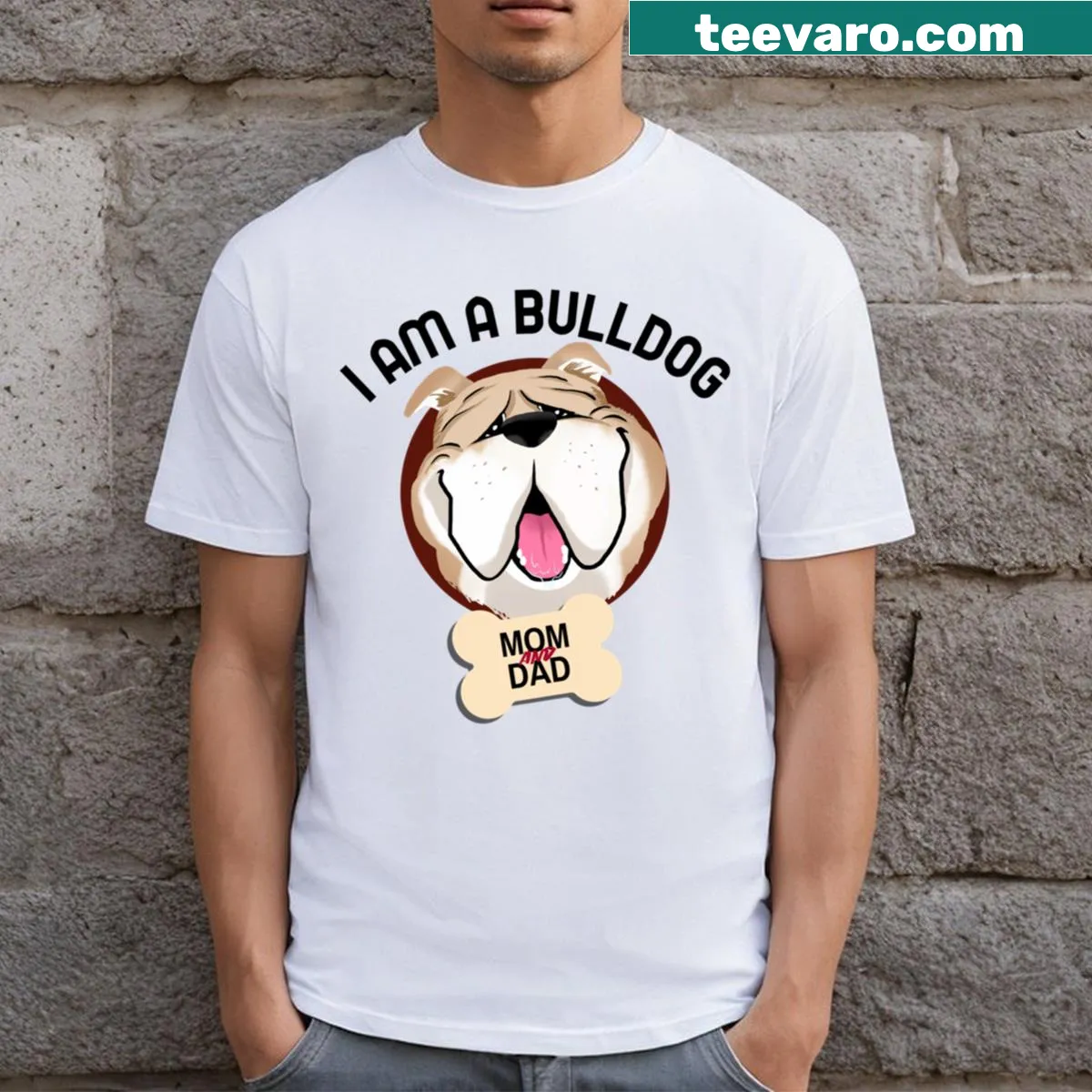 Bulldog and dad themed illustration T-shirt — on a men's t-shirt