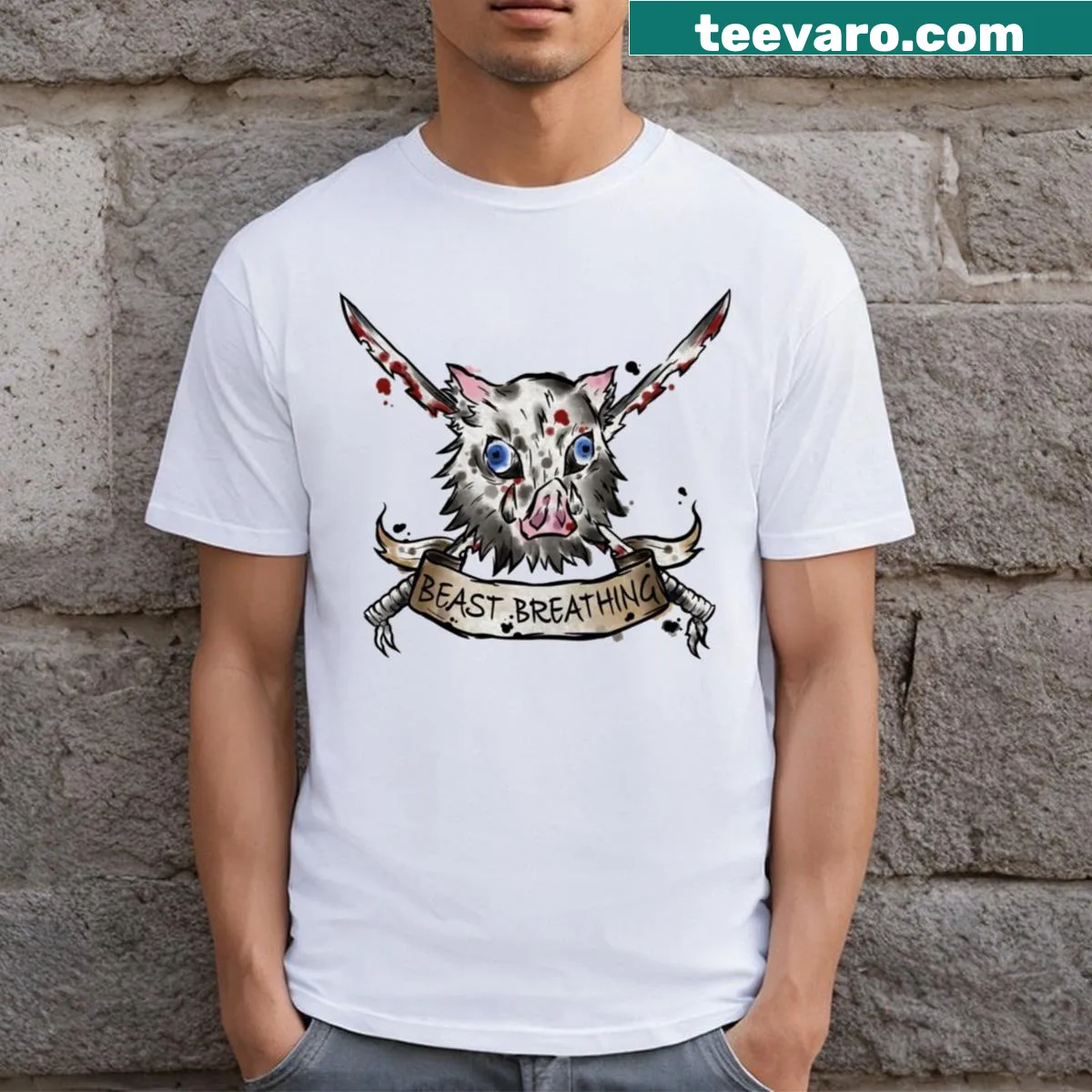Illustration of Inosuke with a boar mask on a T-shirt — on a men's t-shirt