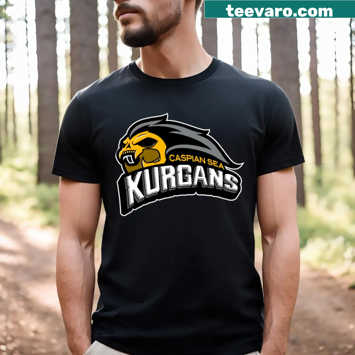 Kurgan Sports logo design on essential T-shirt — on a men's t-shirt