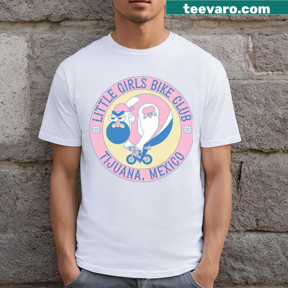 Illustrated T-shirt for little girls featuring a bike design — on a men's t-shirt