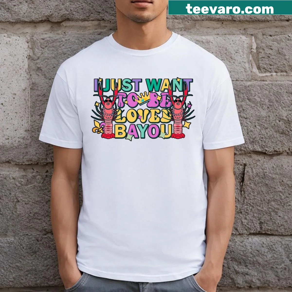 Illustration of crawfish on a Mardi Gras-themed t-shirt — on a men's t-shirt