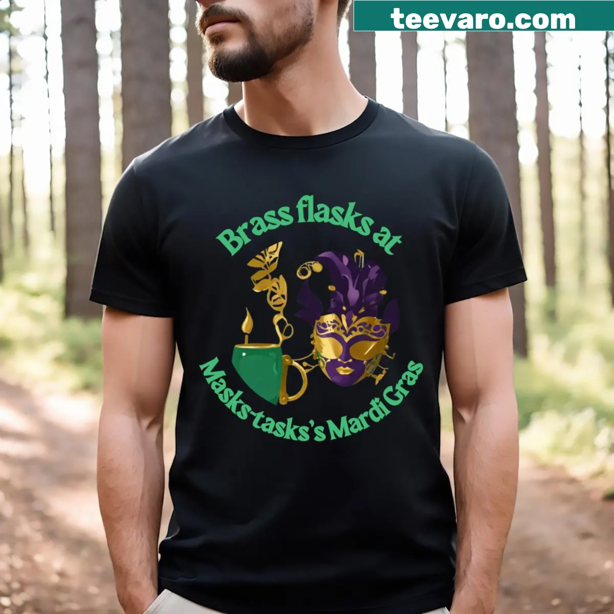 Elegant design of masks and flasks celebrating Mardi Gras on a t-shirt — on a men's t-shirt
