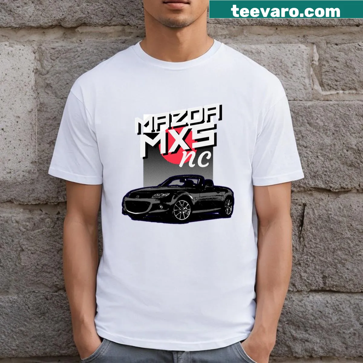 T-shirt featuring illustration of the Mazda Miata MX5 — on a men's t-shirt