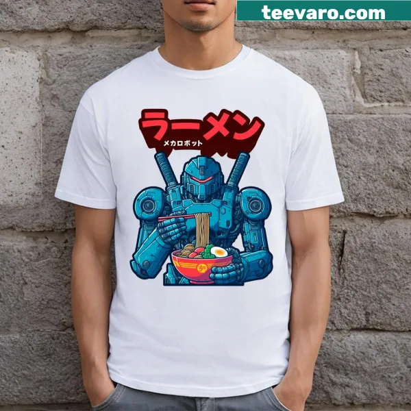 Whimsical T-shirt featuring a mecha robot eating ramen