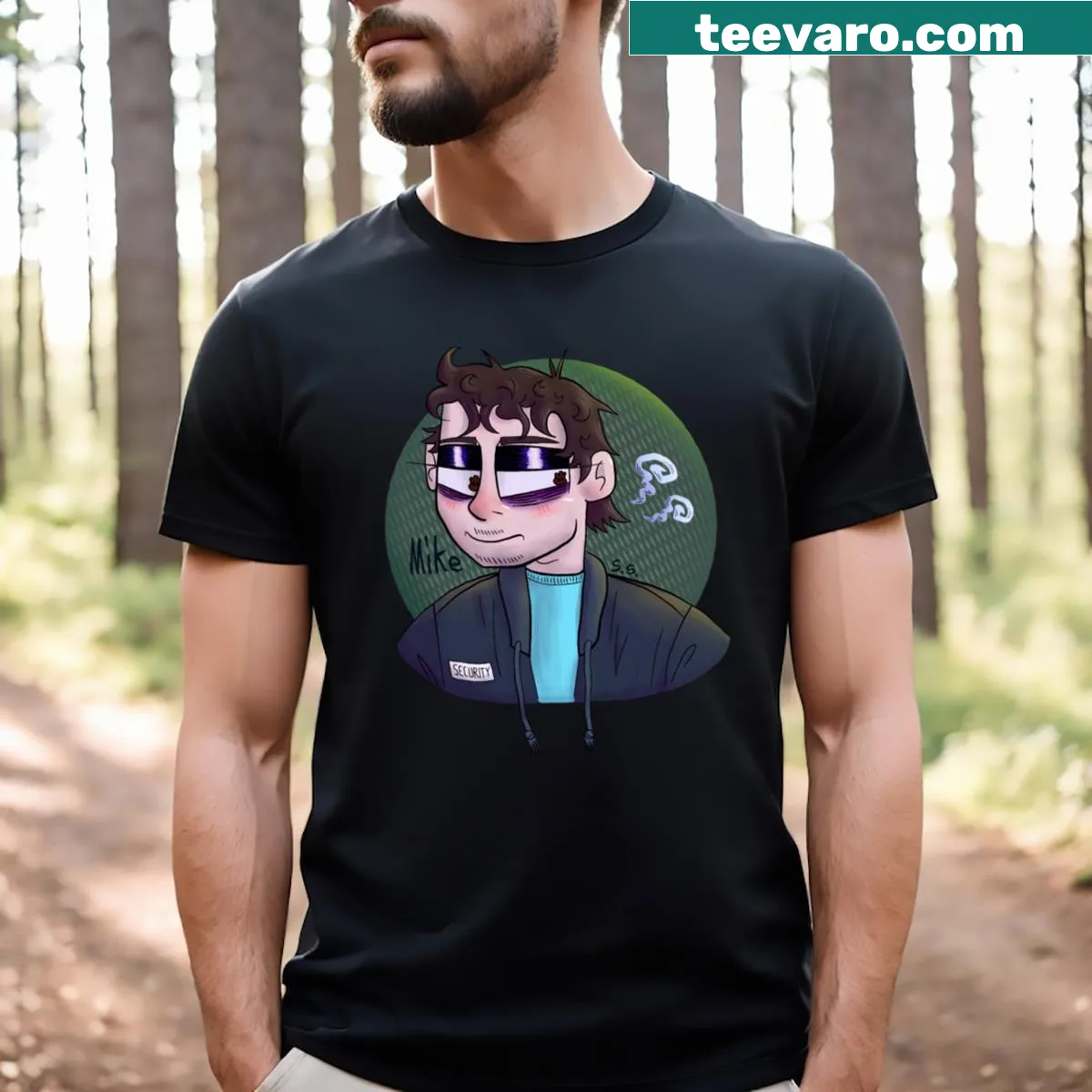 Mike Schmidt T-shirt featuring cartoonish design from FNAF. — on a men's t-shirt